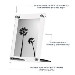 Museum quality & 98% UV-protection with diamond polished edges. Frames can stand vertically or horizontally. Includes 4 patented metal fastners. (0.5"w x 2.5" L)