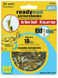 Ook ReadyNail Conventional Picture Hangers Front of package of 30 10 lb Hangers in Tidy Tin