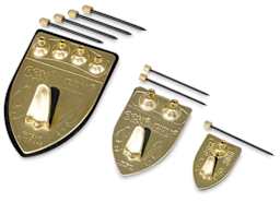 Ook Repositioning Shield Hangers - Different sizes shown in row with nails
