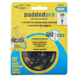 Ook Padded Pro Picture Hangers - Tidy Tin, 20 lb, Pkg of 15, front of the packaging