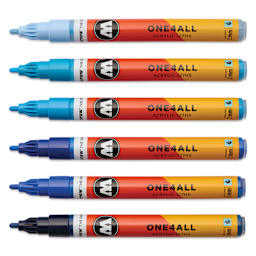 Molotow One4All Acrylic Markers - Set of 6, Blue Colors, 2 mm, caps off