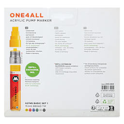 Molotow One4All Acrylic Markers - Set of 6, Basic 1 Colors, 15 mm, back of packaging