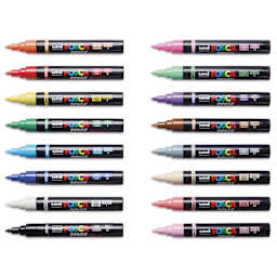Posca Brush Paint Markers - Set of 16, Assorted Colors, Brush Tip, cap off