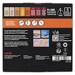 Posca Brush Paint Markers - Set of 8, Warm Colors, Brush Tip, 1 - 4 mm, back of packaging