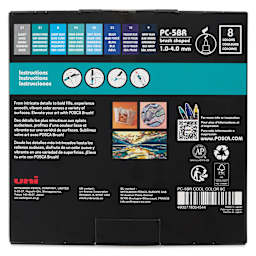 Posca Brush Paint Markers - Set of 8, Cool Tones, Brush Tip, 1 - 4 mm, back of packaging