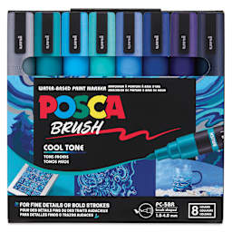 Posca Brush Paint Markers - Set of 8, Cool Tones, Brush Tip, 1 - 4 mm, front of packaging