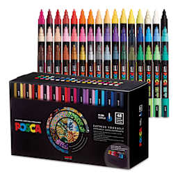 Posca Paint Markers - Set of 48, Assorted Colors, Medium Bullet Tip, 2.5 mm, packaging and contents
