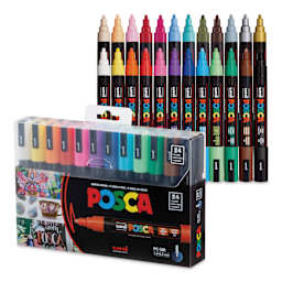 Posca Paint Markers - Set of 24, Assorted Colors, Medium Bullet Tip, 2.5 mm, packaging and contents