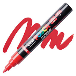 Posca Brush Paint Marker - Red, Brush Tip, swatch and marker