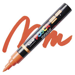 Posca Brush Paint Marker - Orange, Brush Tip, swatch and marker
