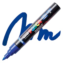 Posca Brush Paint Marker - Blue, Brush Tip, swatch and marker