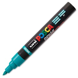 Posca Brush Paint Marker - Emerald Green, Brush Tip, 1 - 4 mm, cap off