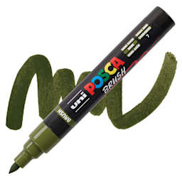 Posca Brush Paint Marker - Khaki Green, Brush Tip, 1 - 4 mm marker with swatch