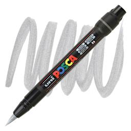 Uni Posca Paint Marker - Silver, Brush Tip marker and swatch