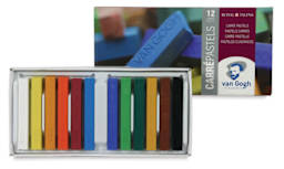 Van Gogh Hard Pastels - Set of 12 pastels shown in tray with package cover adjacent