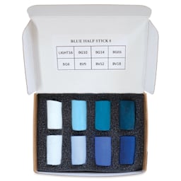 Unison Handmade Pastel Set - Blue Colors, Set of 8, Half Stick (top-view of contents)