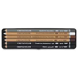 Cretacolor Basic Drawing Sets - Components of Set of 6 shown open in storage tray