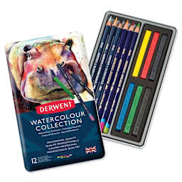 Derwent Watercolor Pencil Set - Tin Box of Set of 12, open showing components of set