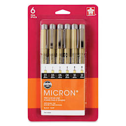Sakura Pigma Micron Pens - Set of 6, Black, Fine and Bold Sizes, packaging