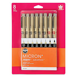 Sakura Pigma Micron, Brush and Graphic Markers - Set of 8, Black, Assorted Sizes, packaging