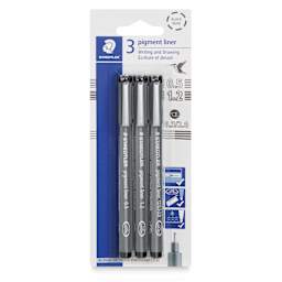 Staedtler Pigment Liner Pens - Set of 3, Black, Chisel and Fine Tip, Assorted Sizes, front of packaging
