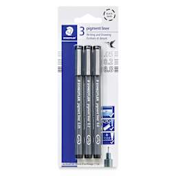 Staedtler Pigment Liner Pens - Set of 3, Black, Fine Tip, Assorted Sizes, front of packaging