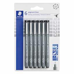Staedtler Pigment Liner Pens - Set of 6, Black, Fine Tip, Assorted Sizes, front of packaging