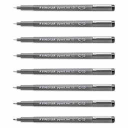 Staedtler Pigment Liner Pens - Set of 8, Black, Chisel and Fine Tip, Assorted Sizes