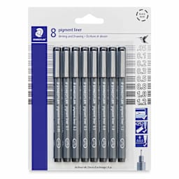 Staedtler Pigment Liner Pens - Set of 8, Black, Chisel and Fine Tip, Assorted Sizes, front of packaging