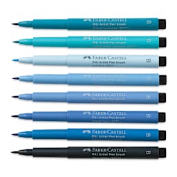 Faber-Castell Pitt Artist Pens- The Blues, Set of 7, Brush Nib (markers with caps removed)
