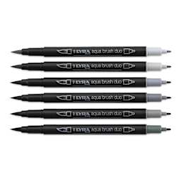 Lyra Aqua Brush Duo Markers - Grey Colors, Set of 6 (markers with caps off)