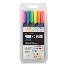 Tombow Fudenosuke Brush Pens - Set of 6, Neon Colors, Inside package view