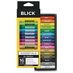 Blick Essentials Oil Pastel Sets - Set of 16, contents in and out of packaging