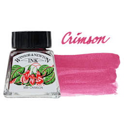 Winsor & Newton Drawing Ink - Crimson, 14 ml bottle and swatch
