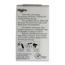 Higgins Dye-Based Drawing Ink - 1 oz, Super White, Waterproof, Pigment-Based Ink, back of the packaging