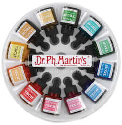 Dr. Ph. Martin's Tech Drawing Ink - Top view of round package of Set of 12 Inks
