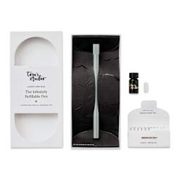 Tom's Studio Lumos Pro Refillable Dual Tip Pen Set - Sage, pen in packaging and contents laid out