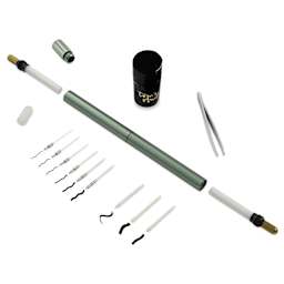 Tom's Studio Lumos Pro Refillable Dual Tip Pen Set - Sage, contents laid out