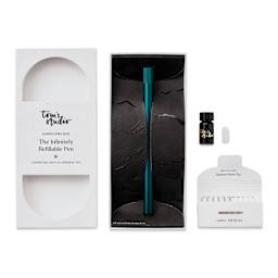 Tom's Studio Lumos Pro Refillable Dual Tip Pen Set - Ivy, pen in packaging and contents laid out