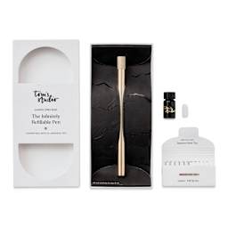 Tom's Studio Lumos Pro Refillable Dual Tip Pen Set - Brass, pen in packaging and contents laid out