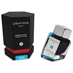 Caran d'Ache Chromatics Ink - Hypnotic Turquoise, 50 ml Jar, jar next to packaging