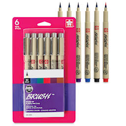 Sakura Pigma Brush Marker - Set of 6, Assorted, packaging and contents