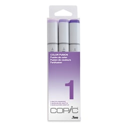 Copic Sketch Markers, Set of 3. Color Fusion 1 set. Front of package, light to dark lavender colors.