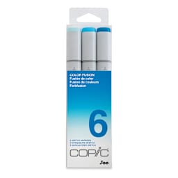 Copic Sketch Markers, Set of 3. Color Fusion 6. Front of package, light to dark blue colors.