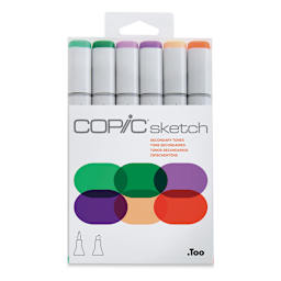 Copic Sketch Markers, Set of 6. Secondary Tones. Front of package with green, pink, orange colors.

