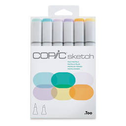 Copic Sketch Markers, Set of 6. Pale Pastels. Front of set of yellow, aqua, pink, and violet colors.