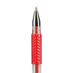 Kingart Studio Gel Pens - Set of 12, close-up of the rollerball nib of a single Glitter Red pen