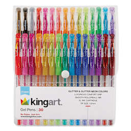 Kingart Studio Gel Pens - Set of 30, Glitter and Glitter Neon Colors, front of the packaging