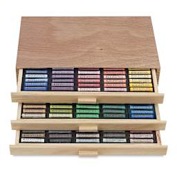 Blick Artists' Soft Pastel Set - Assorted Colors, Deluxe Wood Box, Set of 180 (with drawers open)