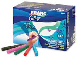 Prang Ambrite Paper Chalk - Angled view of package of 144 pcs with 5 chalk sticks loose in front
